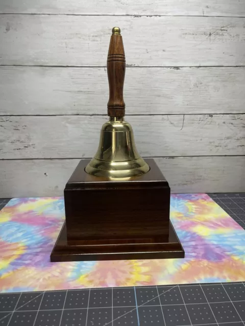 Vintage Brass 8.5” School Bell W/ Wooden Handle & Wooden Stand