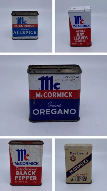 5 Vintage Spice Tins Allspice, Bay Leaves, Oregano,  Black Pepper Retro Kitchen