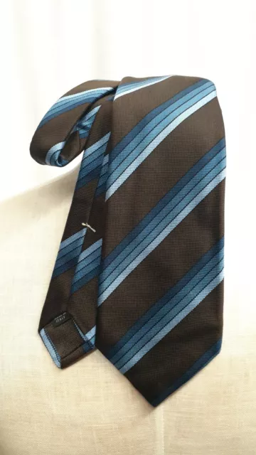 Isaia Napoli Striped Blue Brown Stripe 7 Fold Silk Tie Italy