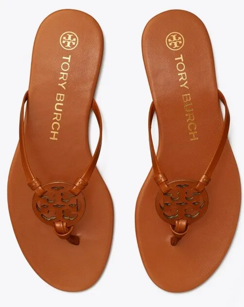 Tory Burch MILLER Knotted Leather Flip Flops Sandals Thongs-Aged Camello-Size 6