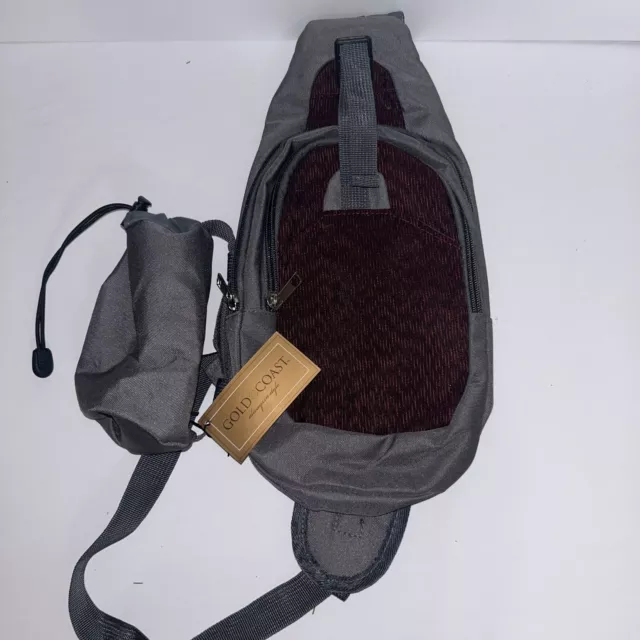 Gold Coast Multi Pocket Crossbody Sling Belt Bag Gray Burgundy Zippers Buckle