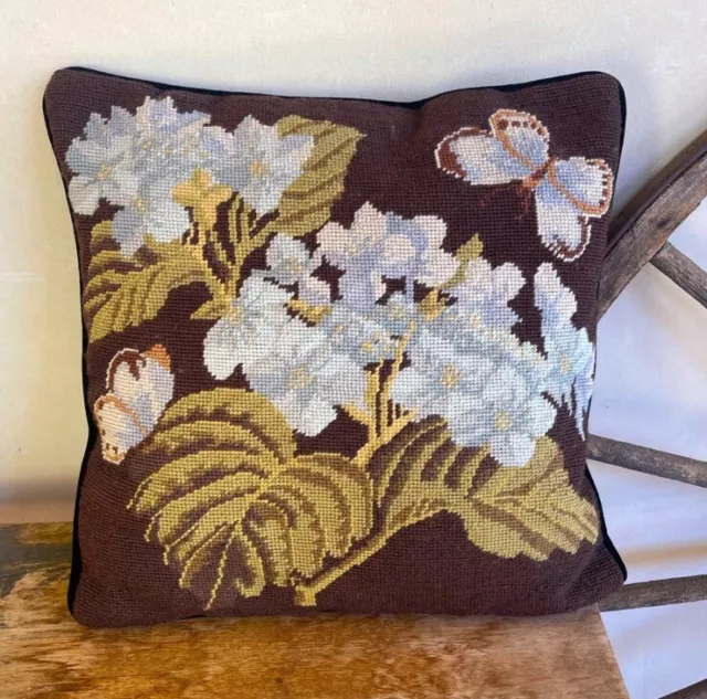 NEEDLEPOINT PILLOW Beautiful Vintage Handmade 15” Square Floral Butterfly Velvet