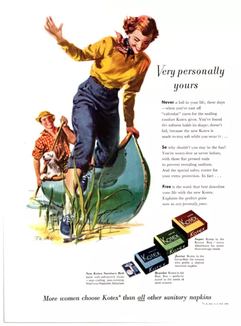 Vtg Print Ad 1951 Kotex Pads Sanitary Napkins Couple Canoe Dog Tom Hall 8x11
