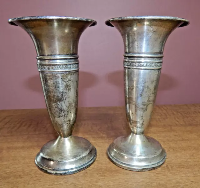 Antique Pair STERLING SILVER TRUMPET BUD FLOWER VASES 5-1/2" With Weighted Bases