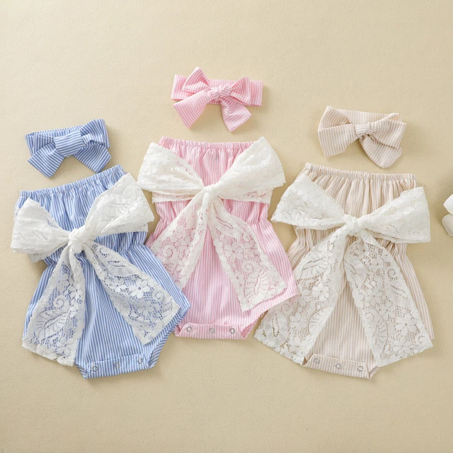 Infant Boys Girls Sleeveless Striped Prints Lace Bowknot Preemie Clothes Girl