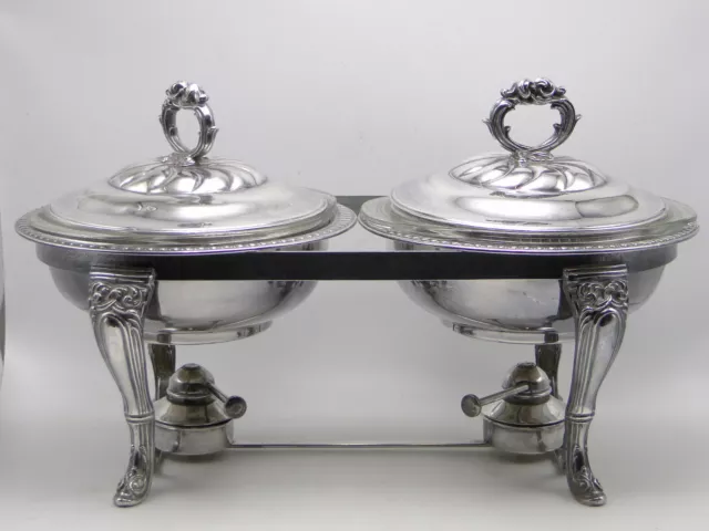 Old English Silver Mfg Corp  Silver Plate Double Chafing Dish w Pyrex Inserts