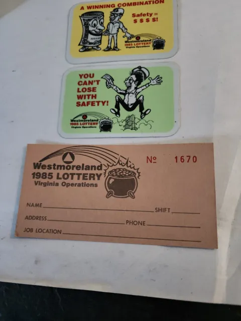 1985 Vintage NOS Westmoreland Virginia Ops Safety Lottery Card & 3 Stickers 3