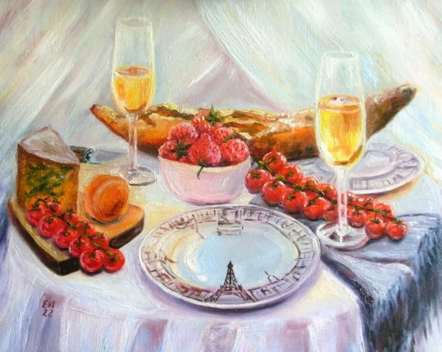 French breakfast Still life Original oil painting on canvas 16x20 inches