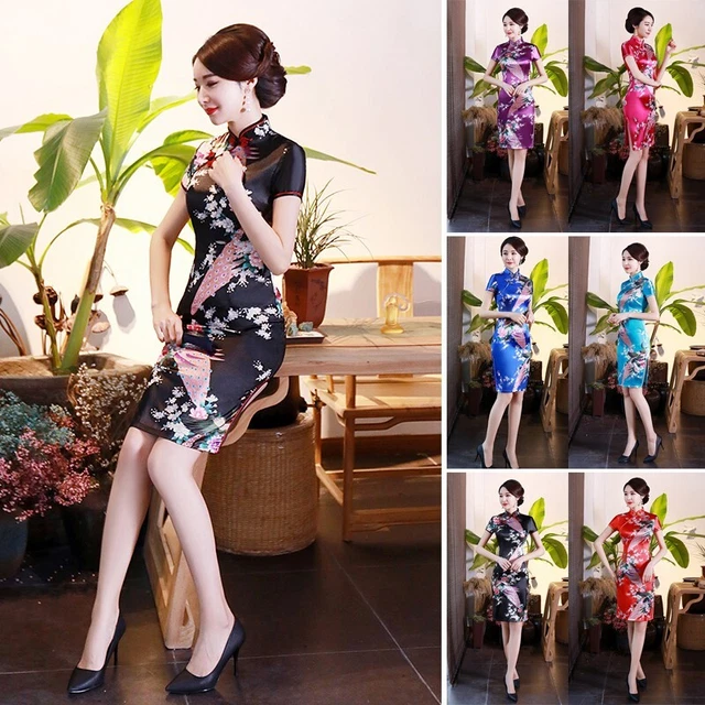 Robe Cheongsam moderne femme avec longueur de genou au-dessus et collier support