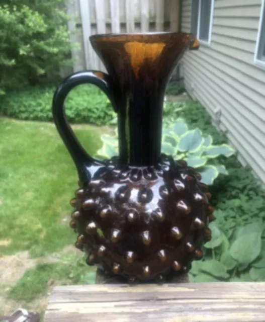 Vtg Empoli Dark Amber Pitcher Seed Pod Spikey Hobnail Italian Art Glass Brown 8”