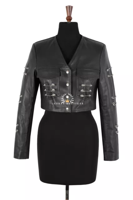 Women's Punk Rock Grunge Cropped Black Real Leather Edgy Fashion Jacket 7201