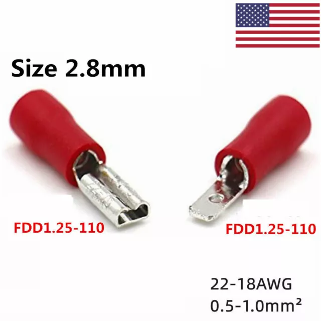 2.8mm Spade Terminals Female/Male Insulated Wire Crimp Connectors 22-16AWG Red