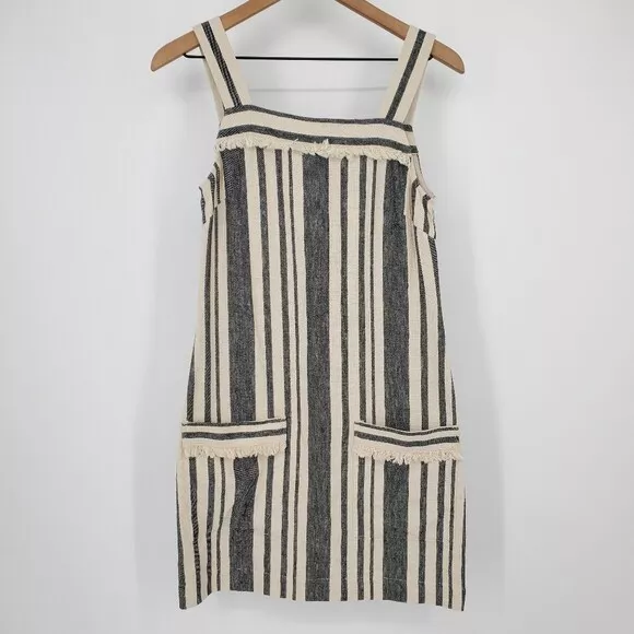 Whistles Cici Stripe Bardot Dress Linen Blend Fringe Mini sz 0 $259 2