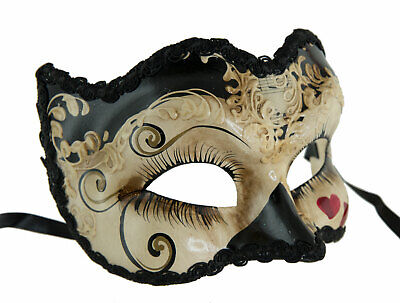 Mask from Venice Brighella Black Small Heart Painted Handmade Carnival 22504 3