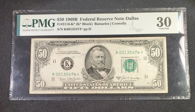 1969-B $50 Dallas Texas - FR#2116-K* - STAR NOTE PMG VF 30 - K00135474* Pp D