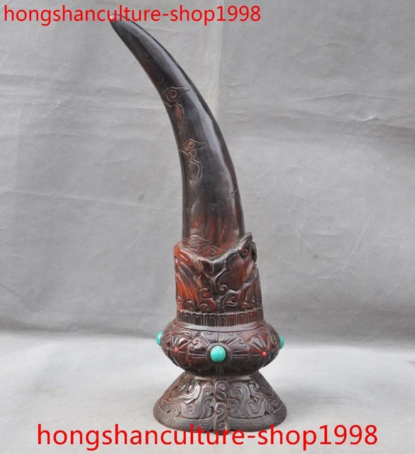 14" old natural Ox horn Bull horns Turquoise Carved fengshui Exorcism statue