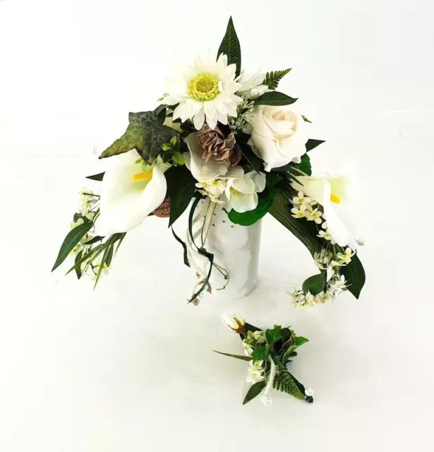 Strauß Seide Weiß Creme Gerbera Calla Kunstblumen Brautstrauß und Anstecker