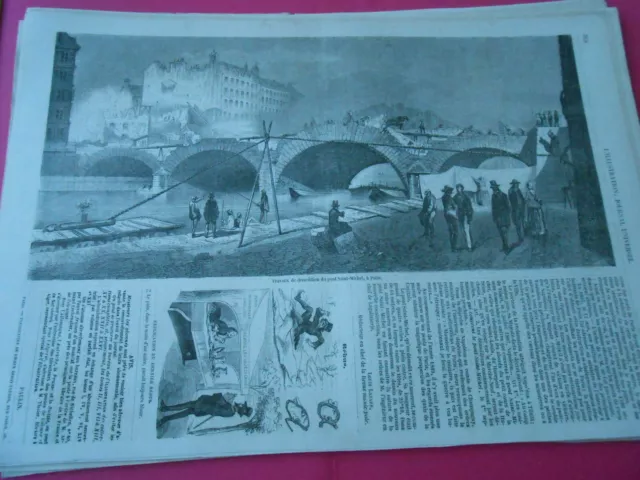 1857 engraving - demolition works of the Pont Saint Michel in Paris