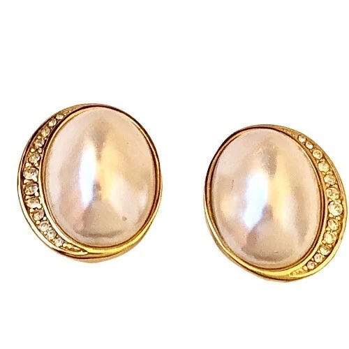 Richelieu Vintage Clip Earrings Oblong Mabe Pearl + Rhinestones Signed