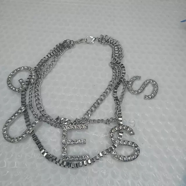 Guess 15" Silver Tone & Rhinestone Necklace Signature Classic Chunky Letters