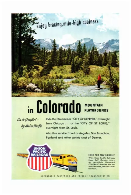 Union Pacific Railroad Colorado Mile High Coolness Color 1950 Print Ad 6.75"x10"