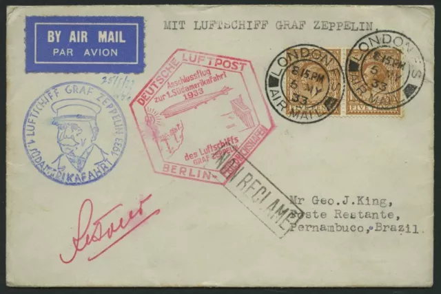 ZULEITUNGSPOST Großbritannien: 1933, 1. Südamerikafahrt, Anschlussflug ab