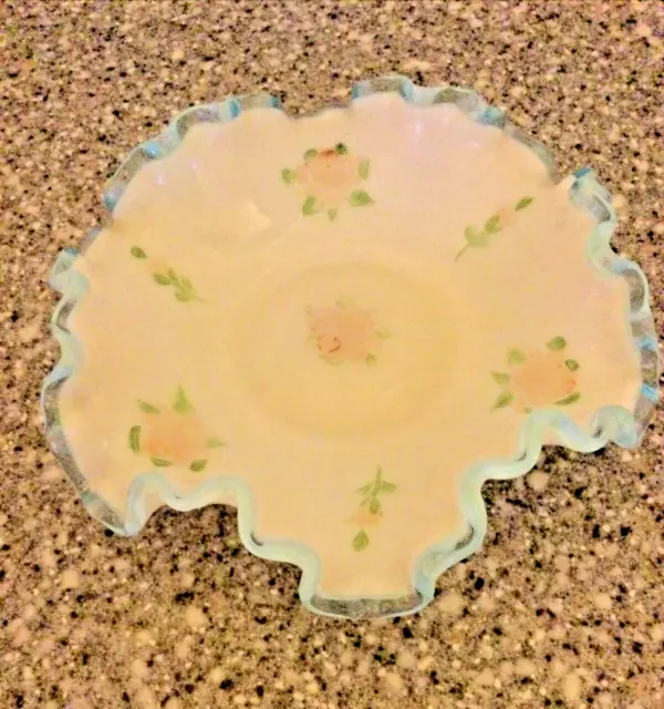 Fenton Milk Glass Double Ruffle Aqua Crest Bon Bon 6" Candy Dish w/Painted Roses