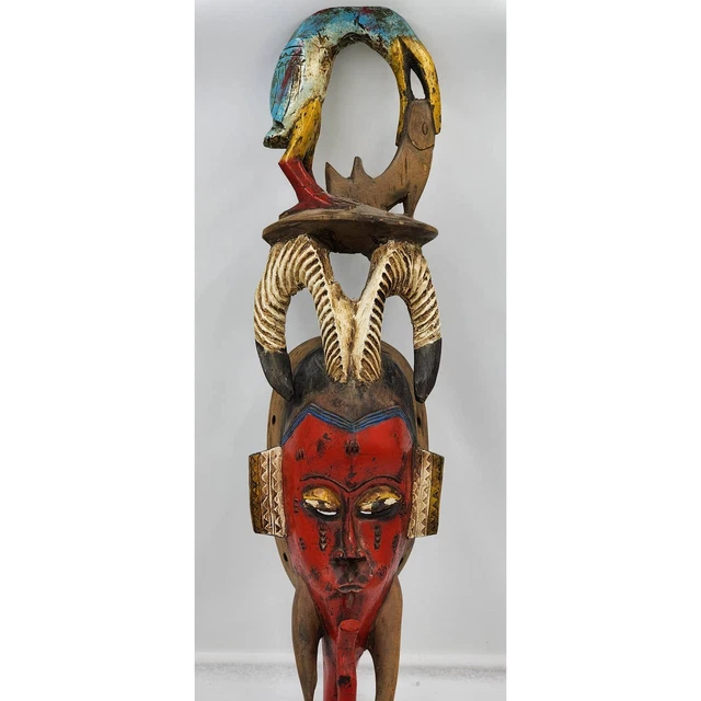 African Mask Guro Large Red Hanging Art Portage Gouro Ritual Bird Horns Fish 27"