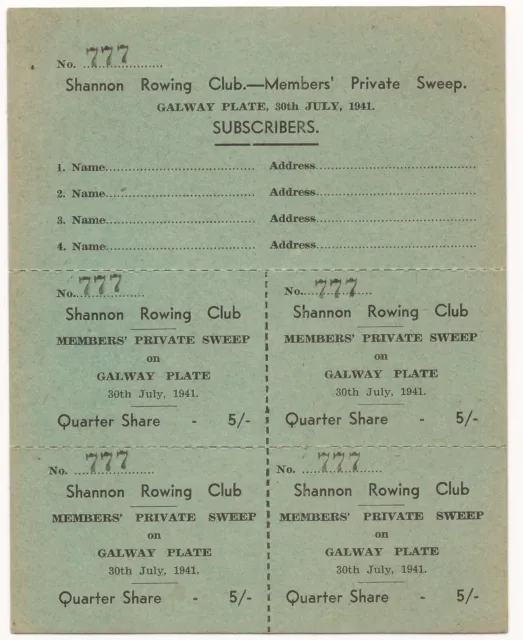 Irish Shannon Rowing Club Sweep Stake Ticket Galway Plate 1941 Ireland
