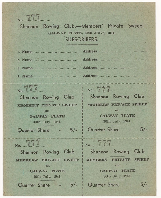 Irish Shannon Rowing Club Sweep Stake Ticket Galway Plate 1941 Ireland Irish Shannon Rowing Club Sweep Stake Ticket Galway Plate 1941 Ireland