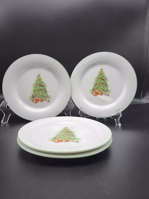 4 Christmas Tree w Presents Dessert Cake Bread Plates 7in White W Green Rim