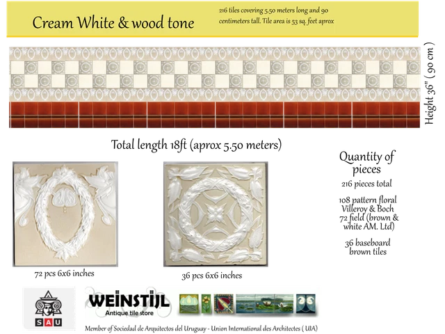 Cream & White Original 216 reclaimed original Art Nouveau tiles 18 ft wall