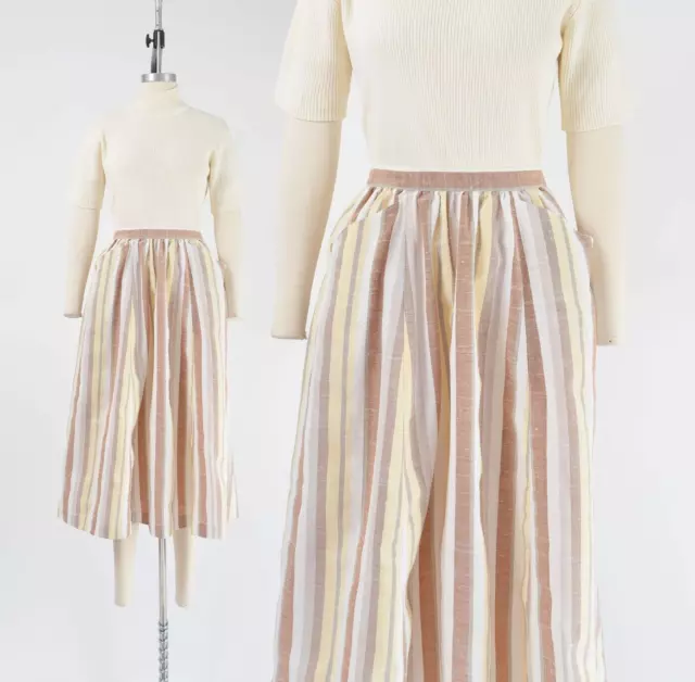 Vintage White and Brown Striped Skirt Boho Retro High Waisted Full Midi Skirt S