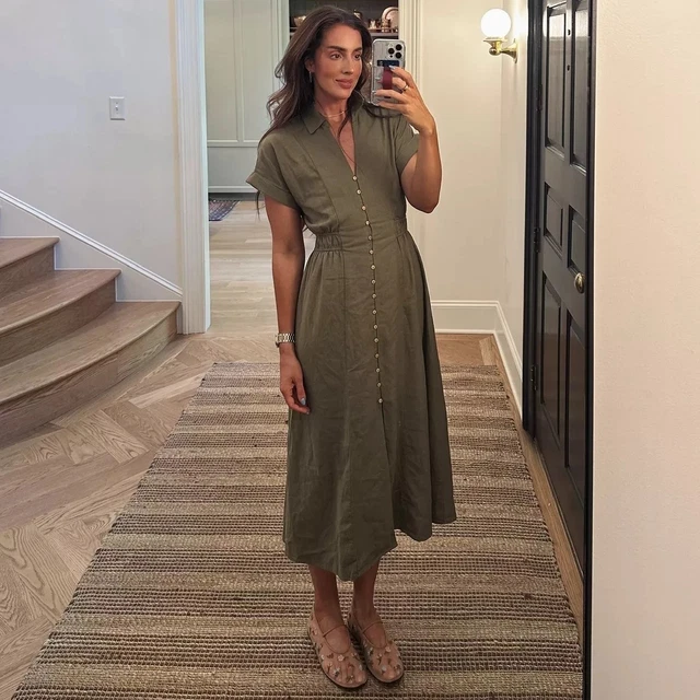 knee length dresses for ladies Early 00s Zara Woman Linen Button Down Maxi Beige Dress