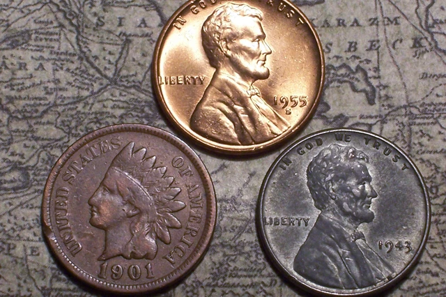 1- Indian Head penny, 1-UNC. Lincoln Wheat, 1-Steel Penny  (From Rolls!!