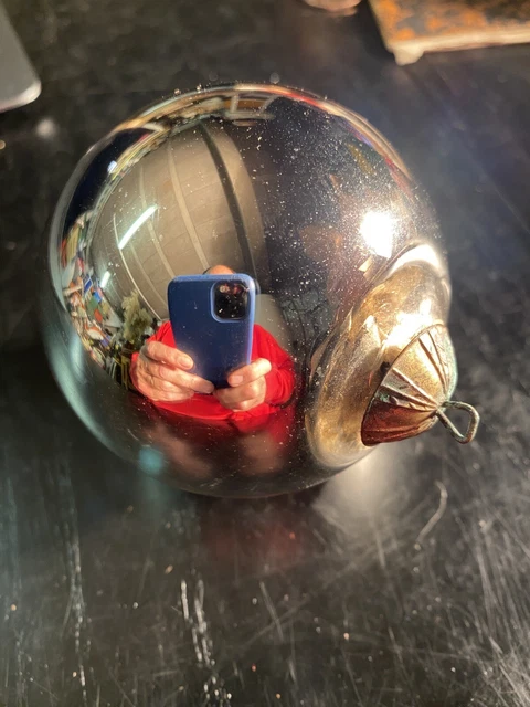 Boule De Noël Ancienne En Verre Soufflé à La Main - Décor Sapin, églomisé, Vintage Française