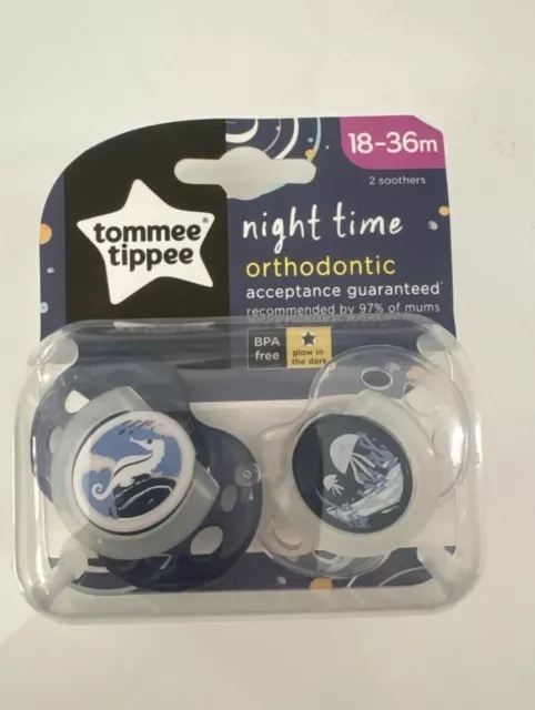 Tommee Tippee 2 Nightime Pacifiers 18-36 Months - 2 Dummies/Soothers [NEW]