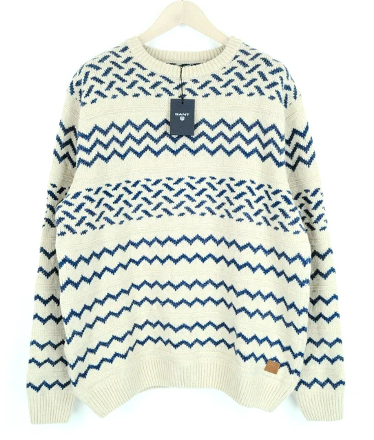 Gant 2XL Uomo Maglione Manica Lunga Misto Lana Grosso Maglia Motivo Pullover