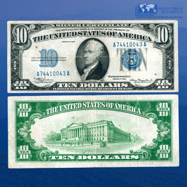 1934 $10 Ten Dollars Silver Certificate Blue Seal, VF Condition #10043