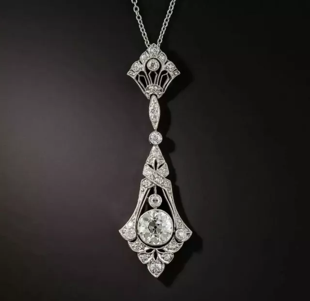 Art Deco Style Old European Cut Lab Created Diamond Wedding 925 Silver Pendant