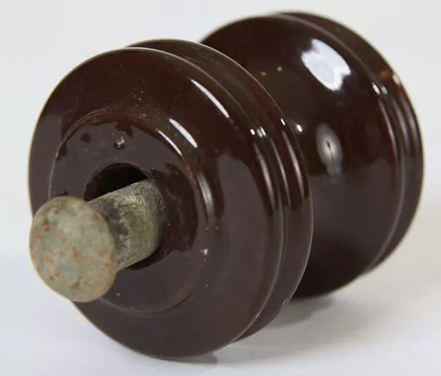 Vintage Brown Ceramic Porcelain Wire Insulator, Pin Through Bolt Telephone Decor