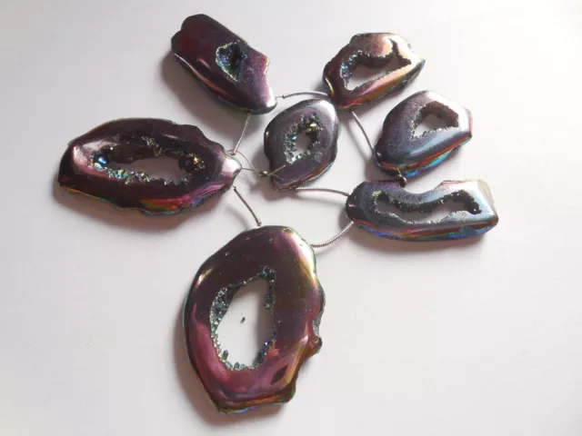 7 Pcs Druzy Titanium Coated Slice Beads Natural Agate Pendant Geode Beads Purple