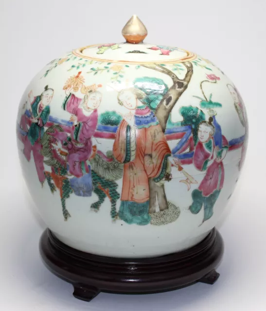 Antique Chinese Porcelain Covered Jar On Wood Stand