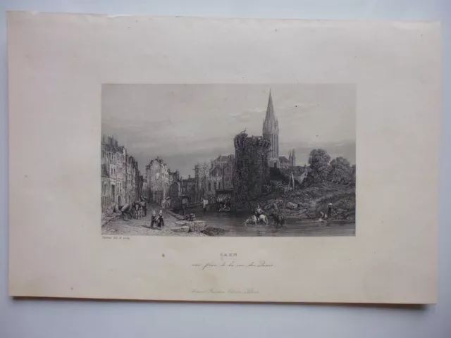 Gravure 19°noir et blanc: Normandie...CAEN  (vue prise de la rue des quais)