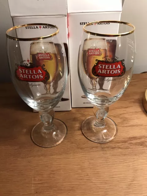 2 Stella Artois Original Belgium Gold Rimmed Beer Glass Chalice 33 CL With Box