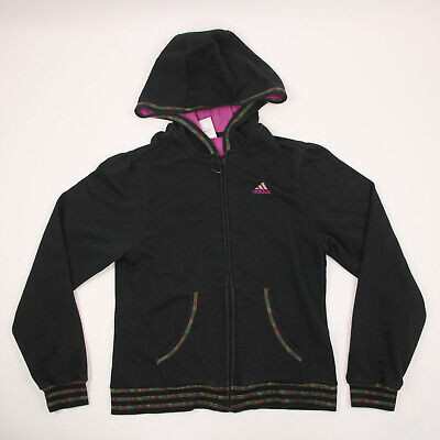 Adidas Jacket Girl's Large Black & Pink Full Zip Hooded Long Sleeve Active Youth
