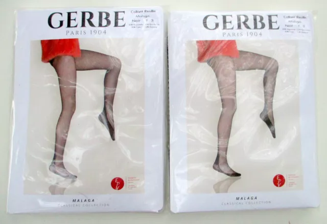 Neufs. GERBE. Lot de 2 Collants fine Résille "MALAGA". Taille 3. Noir.