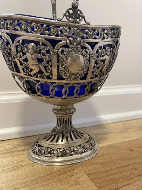 Antique Sterling Silver Nut Basket With Blue Cobalt Glass Liner