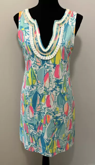 Lilly Pulitzer Blue Pink Harper Beach Sailboat V Neck Mini Dress Womens S