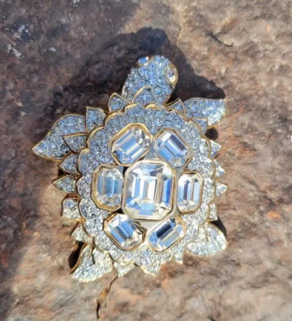 Signed Swarovski Pave' Crystal Turtle Pin/Brooch 22Kt Gold Plating Retired